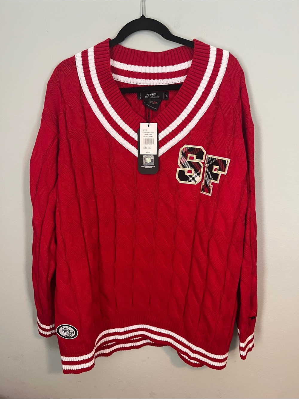 NFL Red V-Neck Cable Knit Sweater with White Stripe Trim